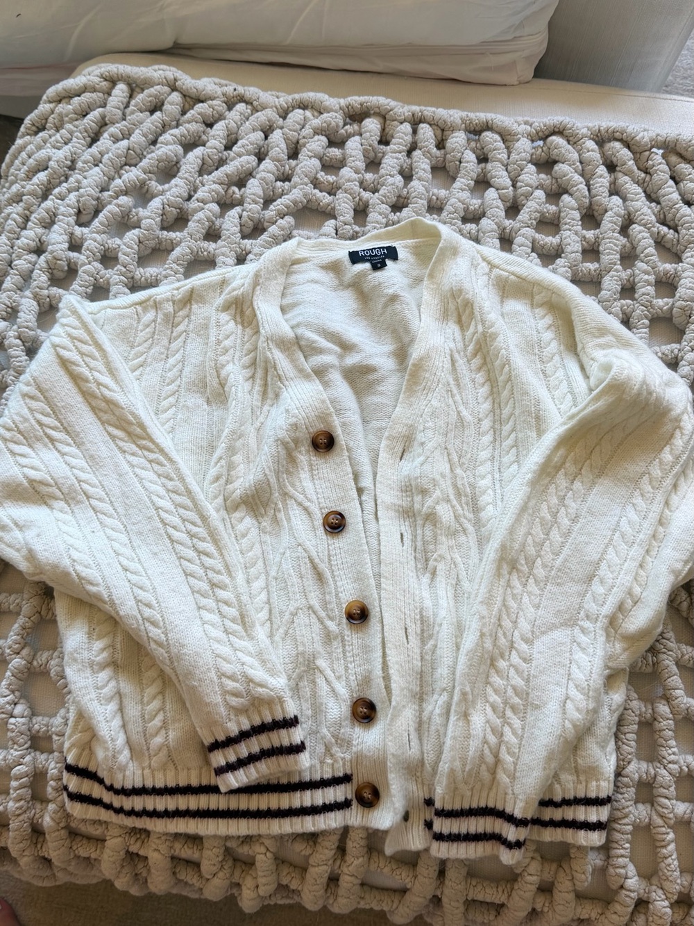 Cream Cable Knit Cardigan Sweater with Contrast Trim